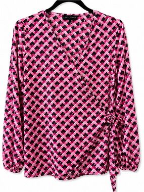 Fred David Pink Geometric‎ Faux Wrap Blouse Side Tie Long Sleeve Large